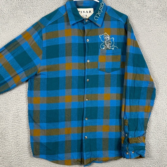 Disney Pixar Shirt Button Up Mens Large Blue Orange Plaid Cakeworthy Long Sleeve